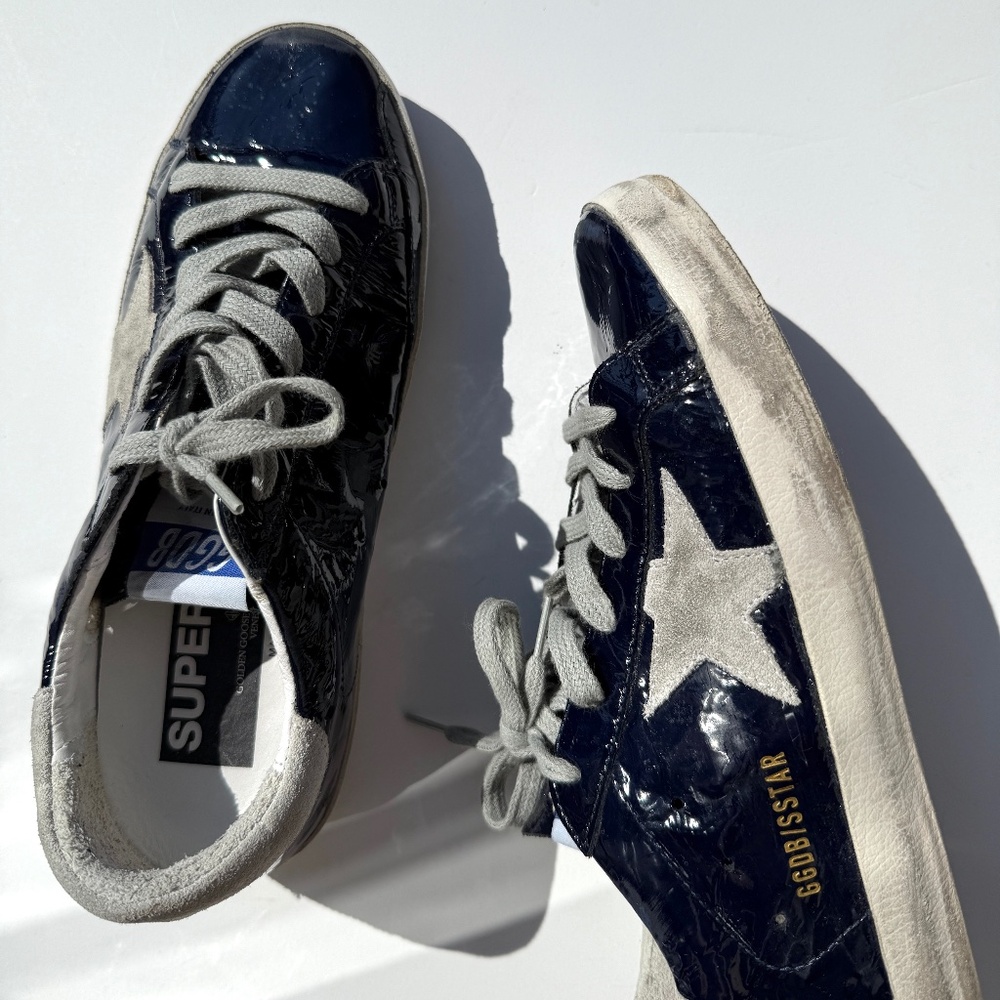 GOLDEN GOOSE Superstar Navy Blue Patent Gray Sneakers 38, 8